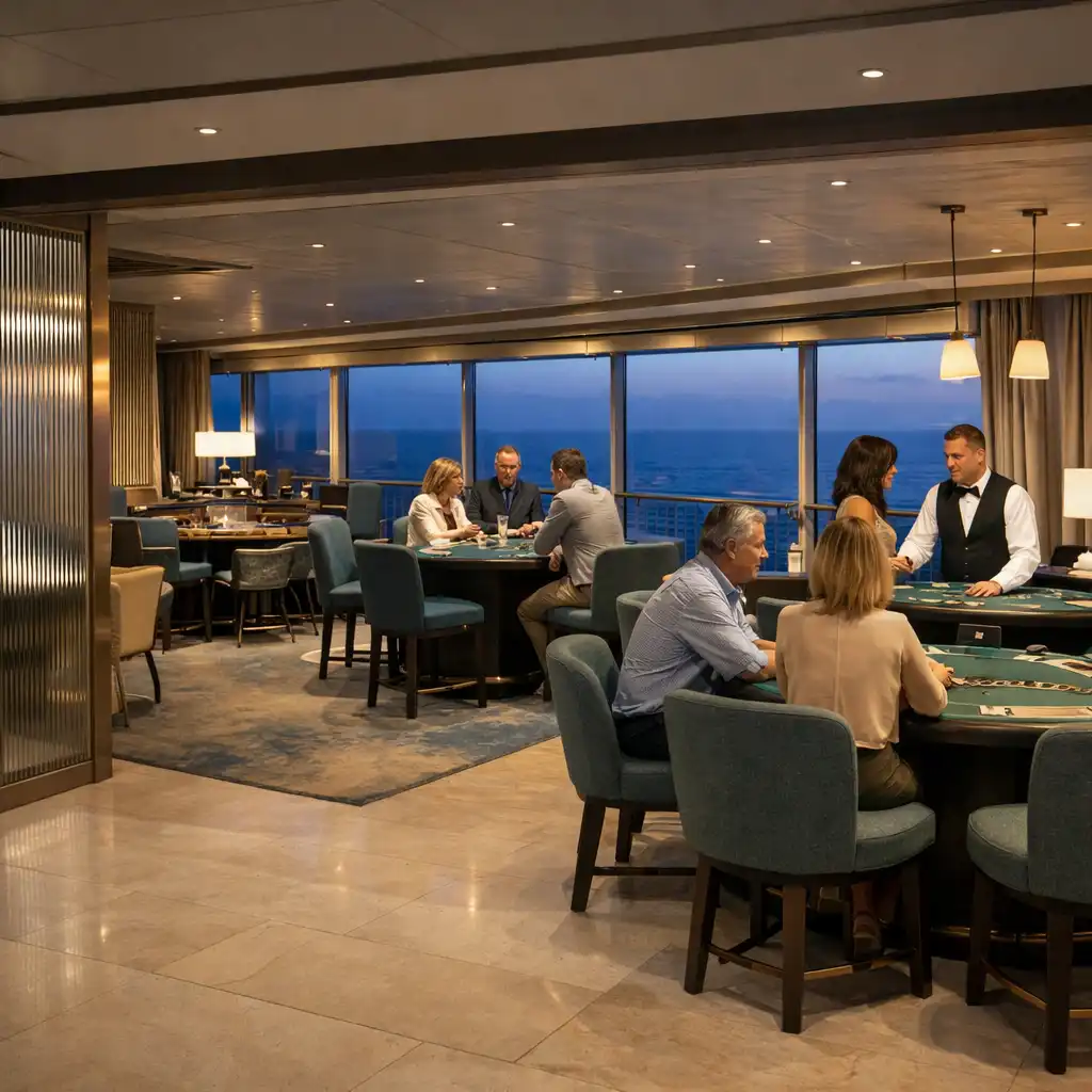 Nowoczesny salon casino na statku wycieczkowym z oknami na morze